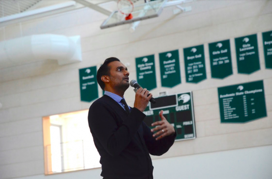 Dr. Ali Mattu speaks to the Harker community about collaboration. He spoke to all four grades during lunch today.