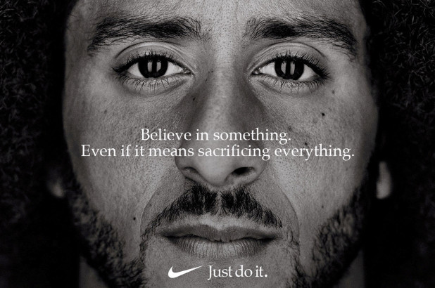 A Nike advertisement featuring former 49ers quarterback Colin Kaepernick. Nike saw a 31% uptick in sales after the Kaepernick-centered advertising campaign.