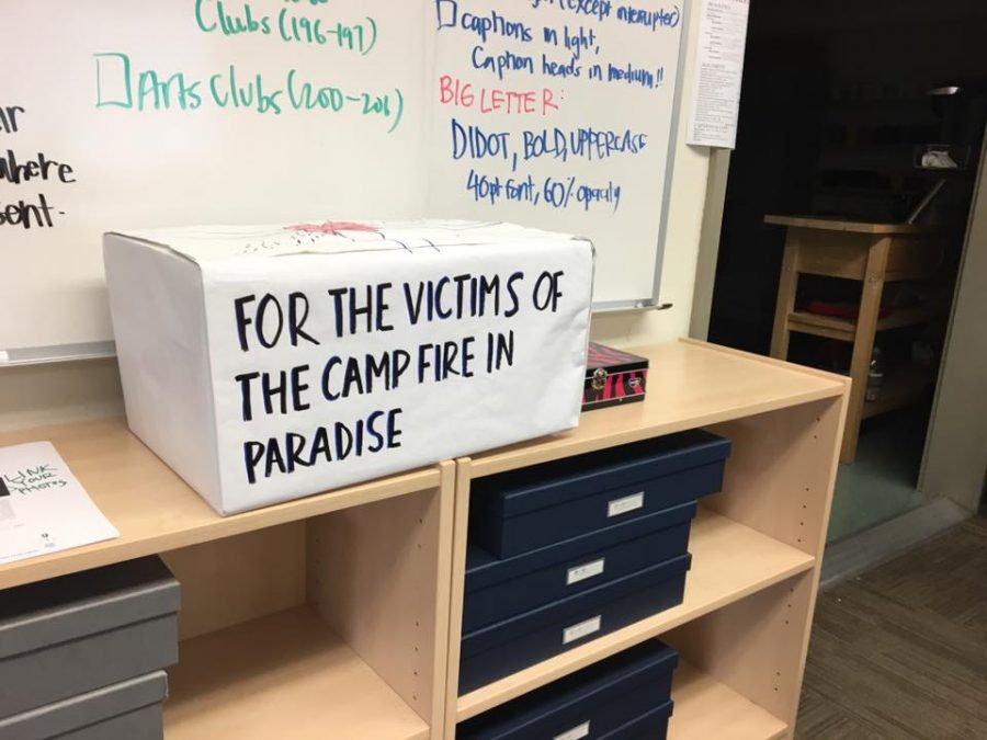 The donation box in the journalism room to be delivered to the survivors of the Camp Fire in Butte County. Students and faculty are welcome to drop off any gifts cards and donations throughout the day tomorrow.