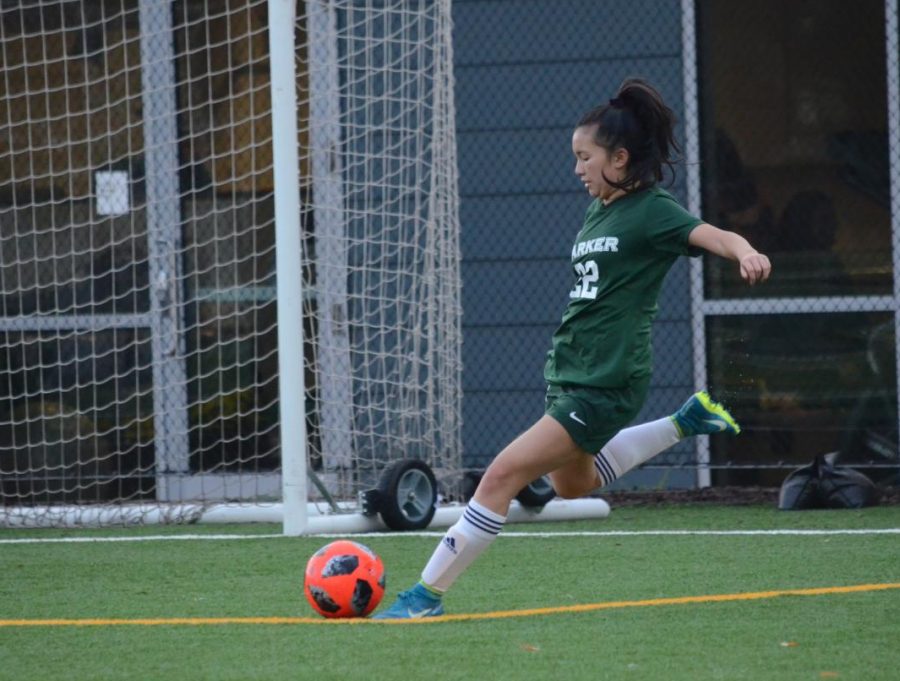 Aria Wong (10) kicks the ball. The Eagles controlled the game, winning 5-0.