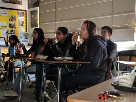 Students enjoy lunch and snacks while watching the environmental documentary. Green Team is hosting the screening of Tomorrow during lunch this week in Diane Moss room, with one part screened Wednesday and one to be screened on Friday. 