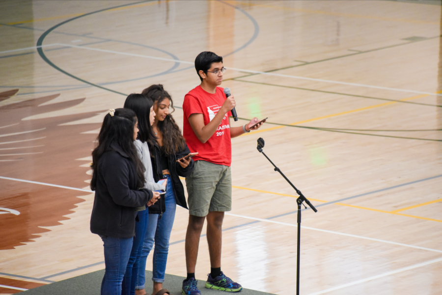 Forensics representatives Nakul Bajaj (11), Nikki Solanki (11), Maddie Huynh (11) and Anusha Kuppahally (12) announce results from recent competitions.