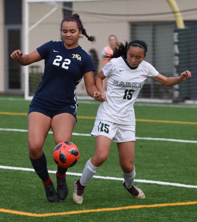 Kalyn Su (9) attempts to steal the ball away from an opposing player in a game against the Kings Academy Knights. The soccer team plays on Dec. 6 against Wilcox High at 4 p.m.