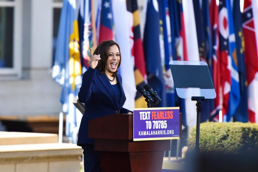 Kamala Harris addresses a large crowd gathered in the Frank Ogawa Plaza in her hometown, Oakland, on Jan. 27 to officially announce her bid for presidency in 2020.