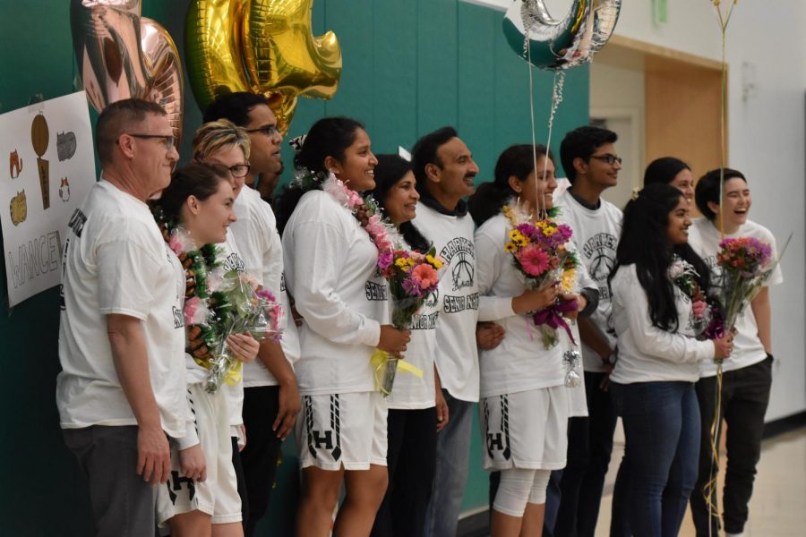 Seniors Lily Wancewicz, Prameela Kottapalli, Akhila Ramgiri and Anusha Kuppahally pose with friends and family before the game. “It’s really exciting. It’s been really cool to play for four years and see everything develop. I got to meet all these new people and form relationships and close connections with them,” Lily said.
