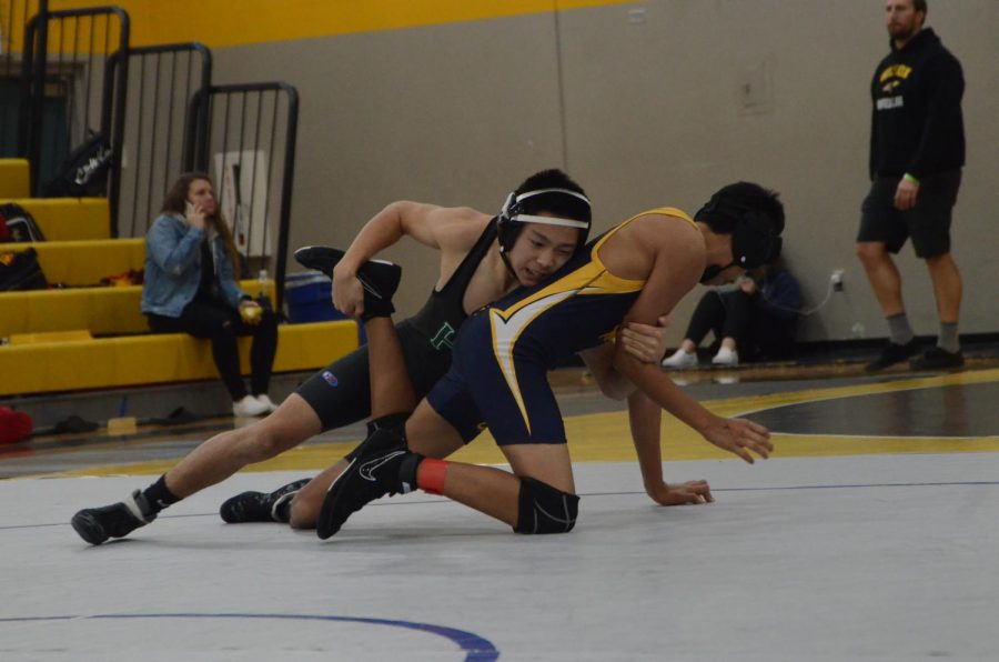 Bobby Wang (9) wrestles a competitor at the Del Mar tournament. Bobby won 4th place in his weight class. 