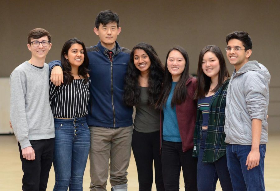 Harker's 2019 Regeneron Science Talent Search scholars pose for a picture. From left to right: Cameron Jones, Natasha Maniar, Richard Wang, Ruhi Sayana, Katherine Tian, Cindy Wang and Ayush Alag, all seniors. Natasha, Ruhi, and Ayush were finalists as well.