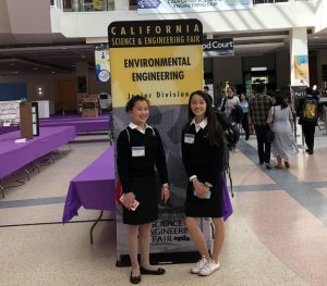 Freshmen Alice Feng and Arely Sun stand in front of an Environmental Engineering poster at the 2018 California Science and Engineering Fair. Their project, which eventually won first place, was titled “The Effect of Mushroom Species and Substrates on the Properties of a Novel Biodegradable Material: Mycelium.”