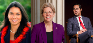 From left to right: Democratic 2020 candidates Rep. Tulsi Gabbard, Sen. Elizabeth Warren and former Secretary of Housing and Urban Development and former San Antonio mayor Julian Castro.