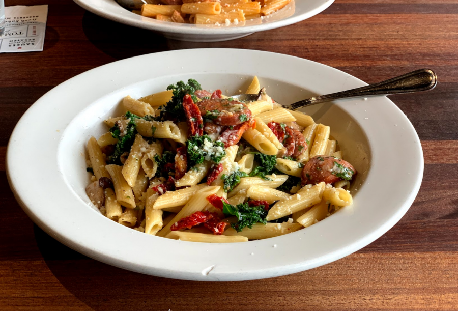The seasonal Winter Pasta, consists of penne pasta, spicy sausage, mushrooms and tomatoes sauteed in a garlic butter sauce. It has a zesty taste with a light hint of pepper.