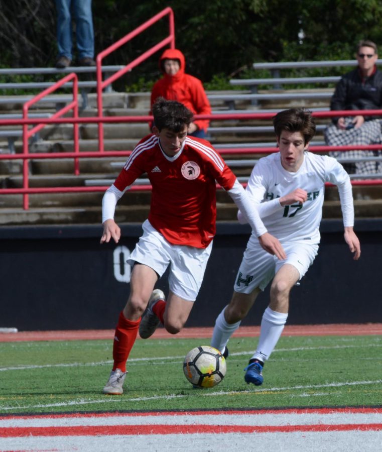 Ryan Tobin (10) chases after a Gunn player. This boys soccer team is only the third in Harker history to advance to the CCS quarterfinals. 