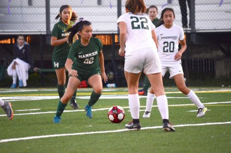 Aria Wong (10) weaves through a pair of Pinewood defenders. The varsity girls won 5-0. 