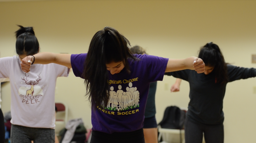 Sonal Muthal (12) extends her arms and demonstrates to her dancers the next movement. During rehearsals, Sonal typically taught a few sections of new choreography and then reviewed the other parts of the dance they have learned.