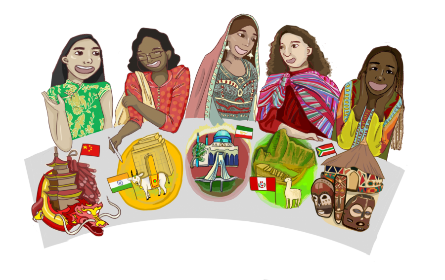 5 mothers sit at the table, sporting cultural garb and sitting behind plates symbolizing their native cultures. From left to right, the cultures represented are Chinese, Indian, Persian, Peruvian, and African American. 