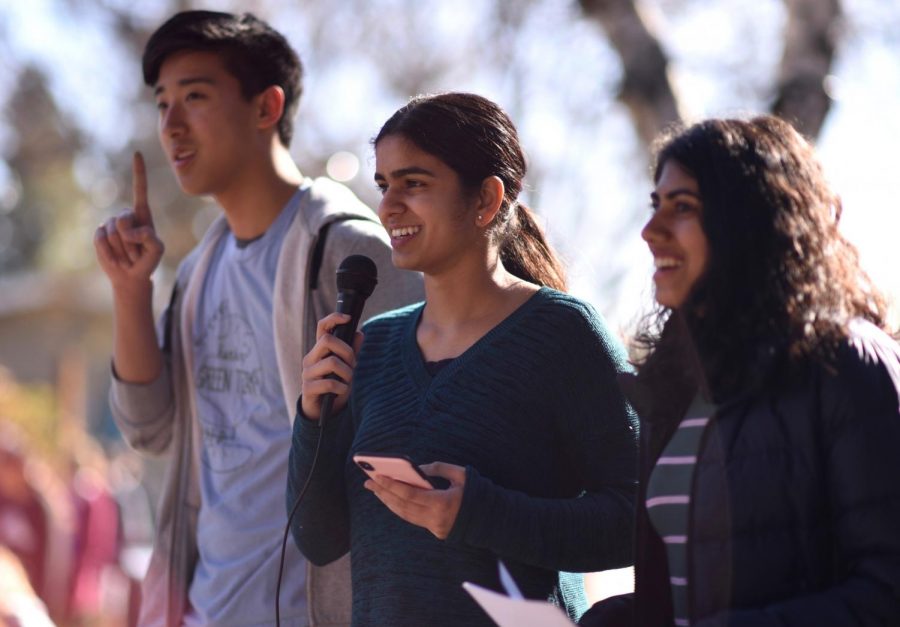 Green Team members Alex Shing (11), Sachi Bajaj (10), and Anvi Banga (11) led Harker students on a walkout as part of the Youth Climate Strike. Green Team organized the event, which was partaken in by students all around the world in efforts to push lawmakers to focus on climate-related policy. 
