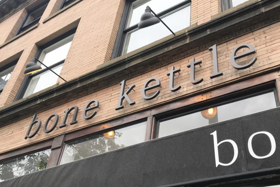 In lowercase serif font, Bone Kettle’s simple yet modern sign hangs in front of the restaurant. The eatery is located on 67 N Raymond Ave in Old Town Pasadena nearby the California Institute of Technology and the Metro Gold Line.
