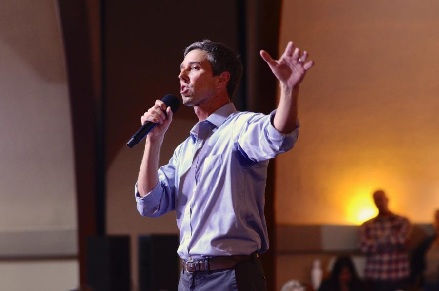 O'Rourke gestures emphatically as he speaks at his town hall event today.