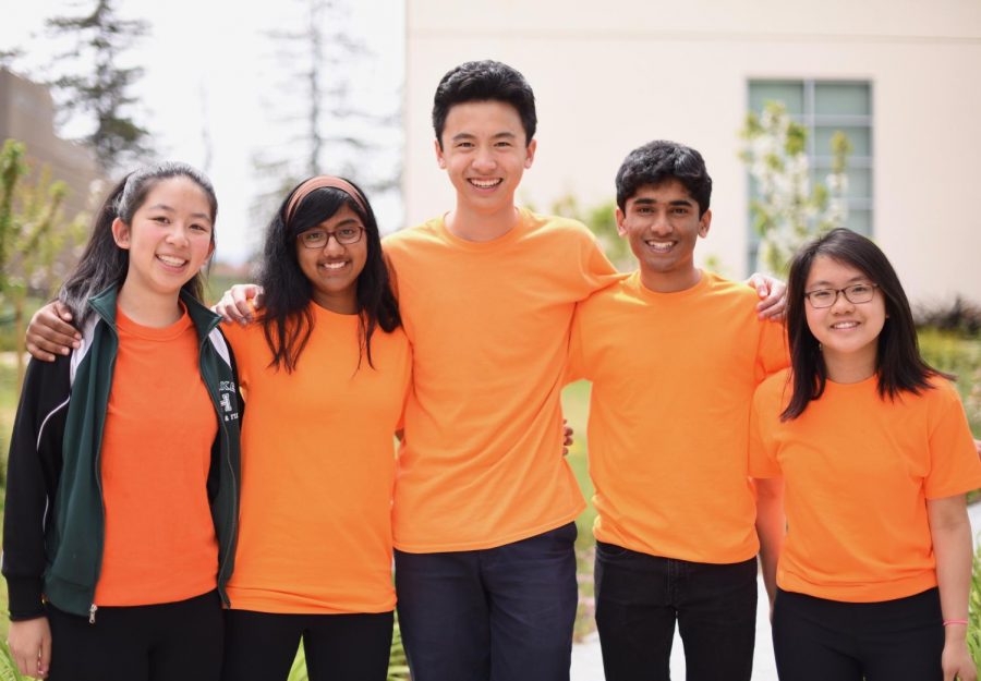 Michael Eng (10) stands with Irene Yuan (9) and Anna Vazhaeparambil (10) to his right and Arya Maheshwari (10) and Sara Yen (10) to his left. 