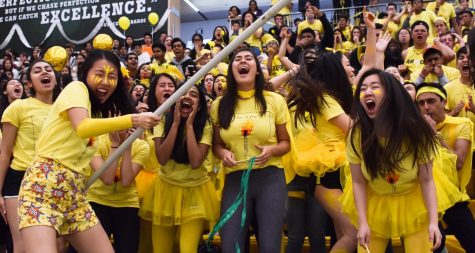 Kelsey Wu (12) waves the senior class flag while Karen Krause (12), Sahana Narayan (12) and Shania Wang (12) cheer to her left. The seniors earned the most spirit points this year. 