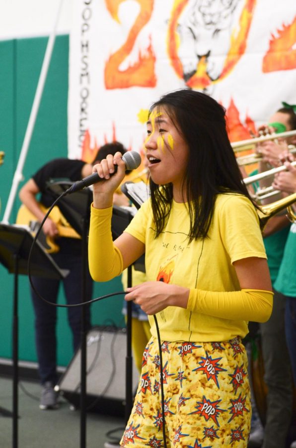 Kelsey Wu (12) sings the song Skyfall after the Spirit Rally. Jazz Band played music throughout the rally. 