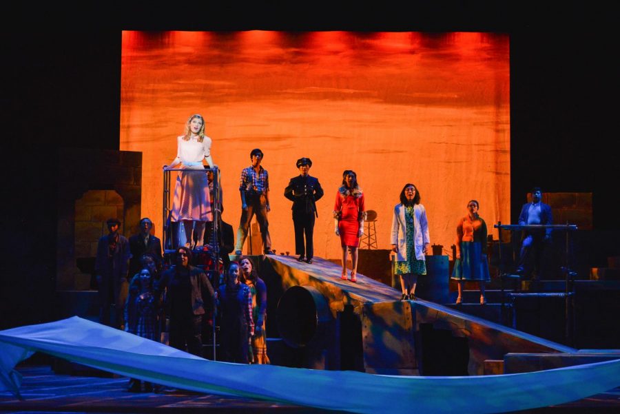 In the final number of the show, the entire cast of Urinetown takes the stage to perform I See a River, chronicling the reign and downfall of Hope Cladwell after the rebels take over.