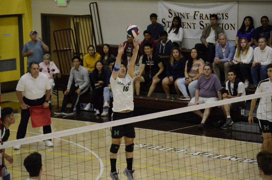 Billy Fan (10) jumps up to set the ball for teammate Jarrett Anderson (12), who successfully hits the ball across the net towards the opposing team.