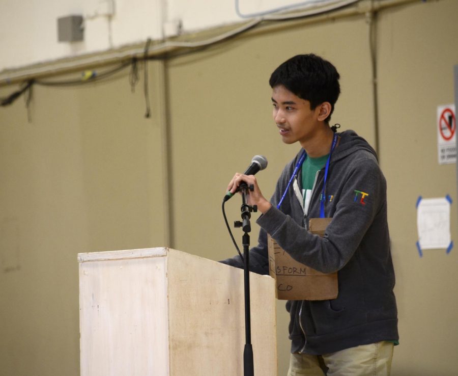 Aaron Tran (9) delivers his speech with a smile. Aaron was among the large number of students who decided to run for class council this year.