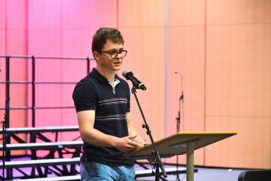 Thomas Rainow (11) delivers his speech as a candidate for his classs senior council. Several candidates from each class ran for class council this year, with a record number of 28 candidates running for next years junior class council. 