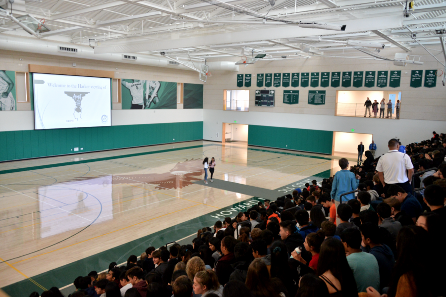 The student body and faculty of the upper school gather in the gym to watch the Angst documentary last Monday.