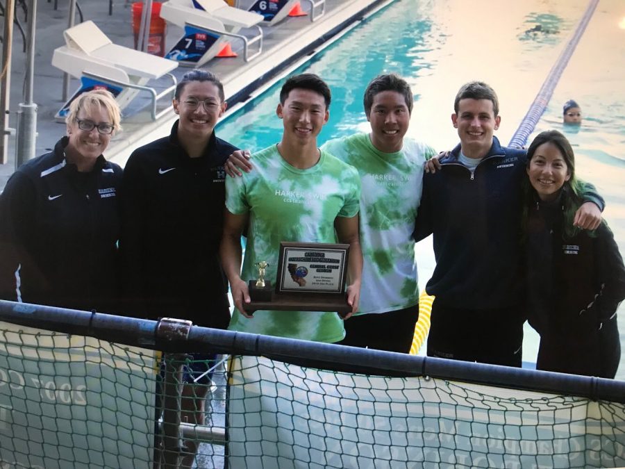 Swim coaches and the relay team of Jason, Ethan, Matthew and Rhys pose with the third place trophy at CCS. The team competes at State Championships today. 