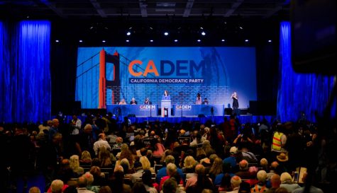 Democrats gather in the Moscone Center in San Francisco this afternoon for this years California Democratic Party Convention, whose theme is Blue Wave Rolling, to hear Democratic presidential hopefuls, such as Rep. Tulsi Gabbard, speak.
