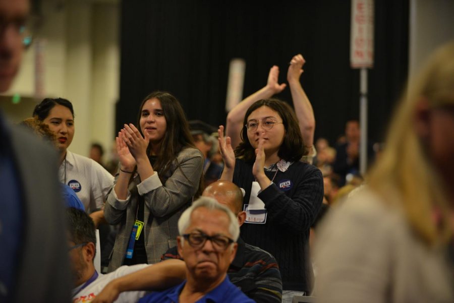 Attendees of the afternoon general session at the CDP convention this weekend clap for Sen. Cory Booker, who was the last of 11 presidential hopefuls to address the crowd today.