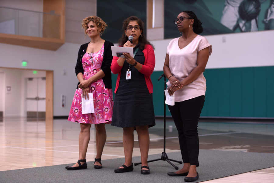 Diversity Committee faculty members Dr. Lola Muldrew, Pilar Aguero-Esparza and Tyeshia Brown speak to the upper school community about an upcoming assembly featuring Jay Smooth, a cultural commentator. To introduce Smooth, Diversity Committee played his YouTube video about race at school meeting yesterday.