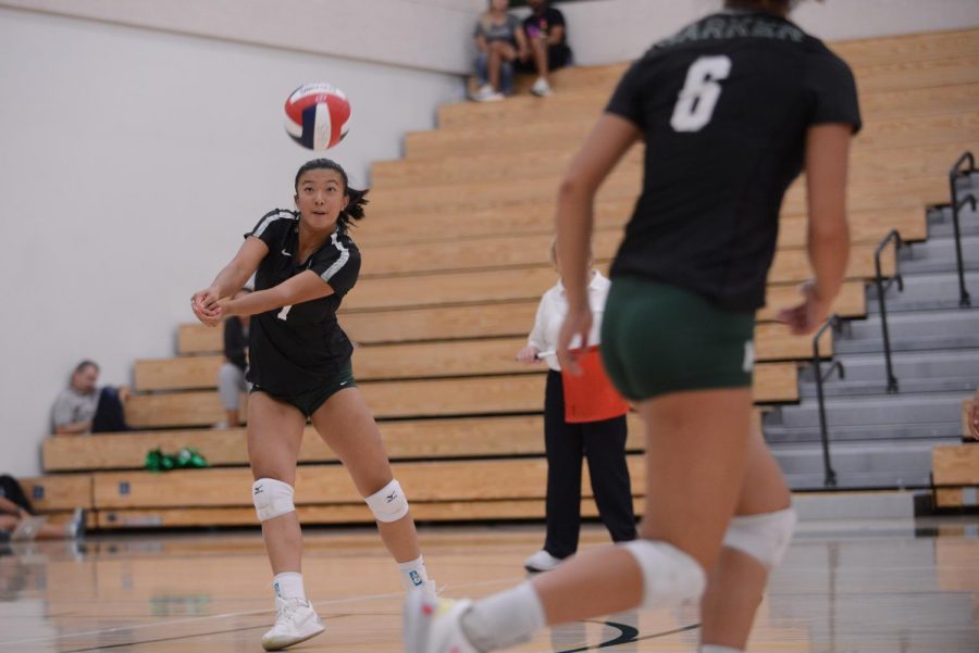 Varsity member Tiffany Zhao prepares to bump the ball during the third set against Branham last week. The varsity squad will play the first-seeded Mercy High School at 6:30 p.m. tonight in Burlingame. 