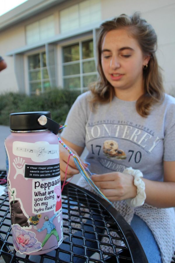 In light of the recent "VSCO girl" trend, Nellie Tonev (12) decorates her Hydro Flask with various stickers. Decorating water bottles and laptops are a unique way of accessorizing other objects.