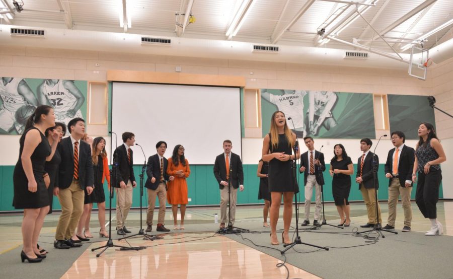 The Princeton Roaring 20 sings at school meeting last Friday. Harker alumni Ishanya Anthapur (‘15) is a part of the group, which was touring the Bay Area during Princetons fall break.