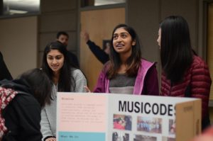 Vaishnavi Murari (11) talks about service opportunities at the intersection of music and computer science as a student representative for the volunteer organization MusiCodes, along with the co-founders Michelle Si (11) and Aarzu Gupta (12), at the annual service fair. The service fair featured booths from 28 volunteer organizations in the Nichols Auditorium on Oct. 30.