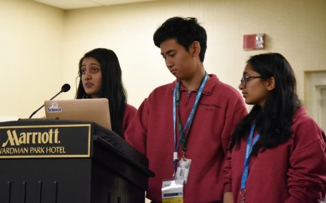 Humans of Harker (HOH) editor-in-chief Saloni Shah (11), TALON editor-in-chief Anthony Xu (12) and HOH profiler Esha Gohil (10) speak to attendees about the HOH project. More than 240 student journalists and advisers attended the presentation.