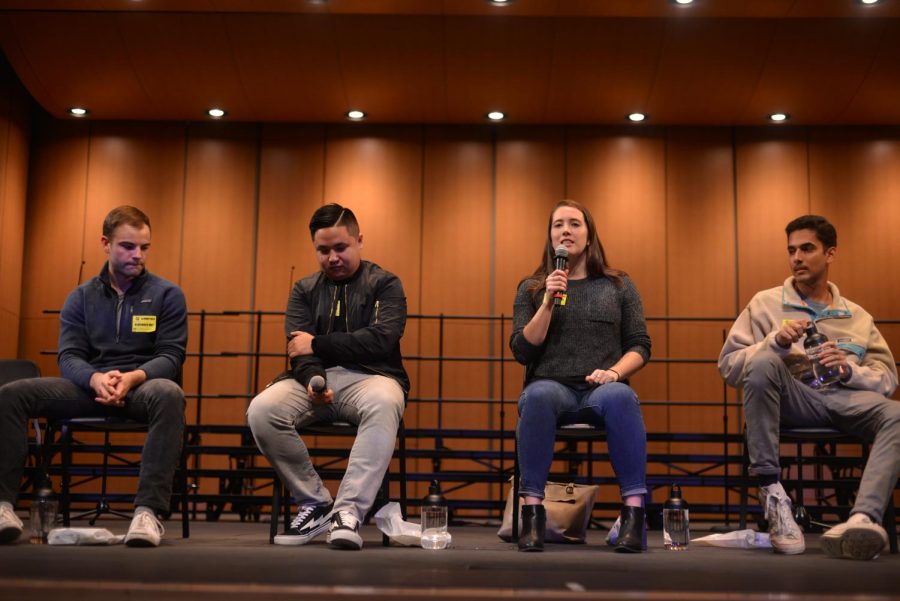 Stephen Hughes (12), Nick Nguyen (15), Sheridan Tobin (15) and Raghav Jain (16) talk about their college lifestyles during a LIFE meeting for the seniors last Wednesday. The discussion was moderated by seniors Radhika Jain and Adhya Hoskote.