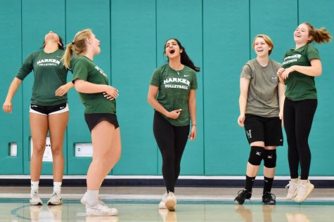 The juniors cheer after winning a point against the seniors in the final round of the “Hustle for Muscle” volleyball tournament hosted by Harker DECA and spirit on Nov. 21. The tournament and proceeds from food sales were part of a fundraiser for the Muscular Dystrophy Association (MDA).