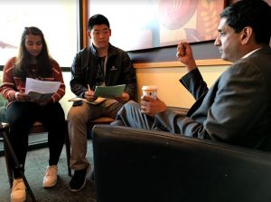 Eric Fang (12) and
Arushi Saxena (11) interview Congressman
Ro Khanna. Khanna represents California’s
17th district, including parts of South and
East San Francisco Bay Area.