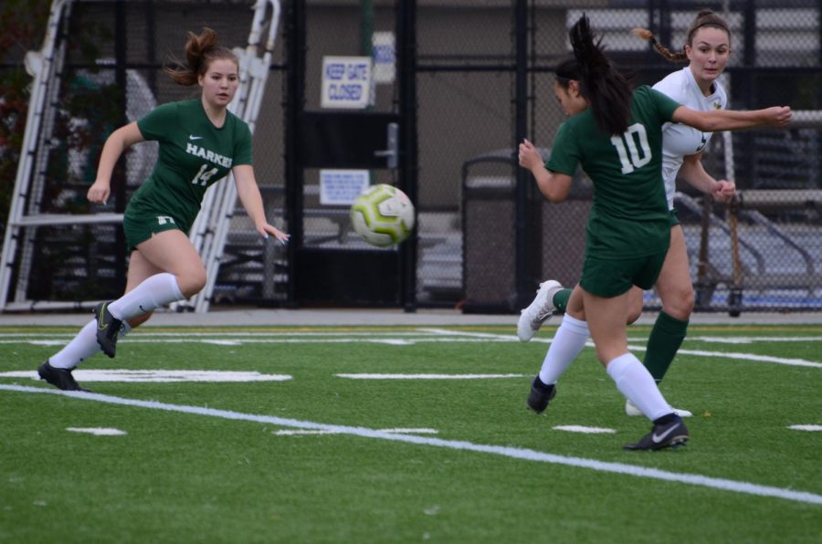 Kalyn Su (10) passes to a sprinting Sara Leafstrand (10) during the girls' game against Harbor on Dec. 4. “So far, the season's been going pretty well,” goalie Amla Rashingkar (12) said. “I think we have a really strong team dynamic, and I'm really excited to continue playing with everyone.”