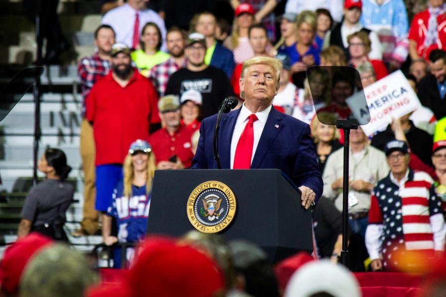 President Donald J. Trump addresses the crowd at Target Center in Minneapolis, MN, for his 2020 presidential campaign rally on Oct. 10, 2019. Trumps Senate impeachment trial began today.