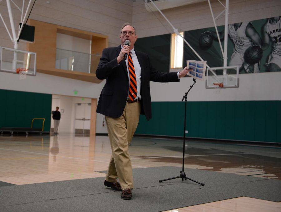 Head of Upper School Butch Keller delivers a talk at school meeting about recent incidents of students using disrespectful language and racial slur. Keller presented an initiative called Challenge Day that aims to encourage diversity of perspective and break down barriers between students and faculty.