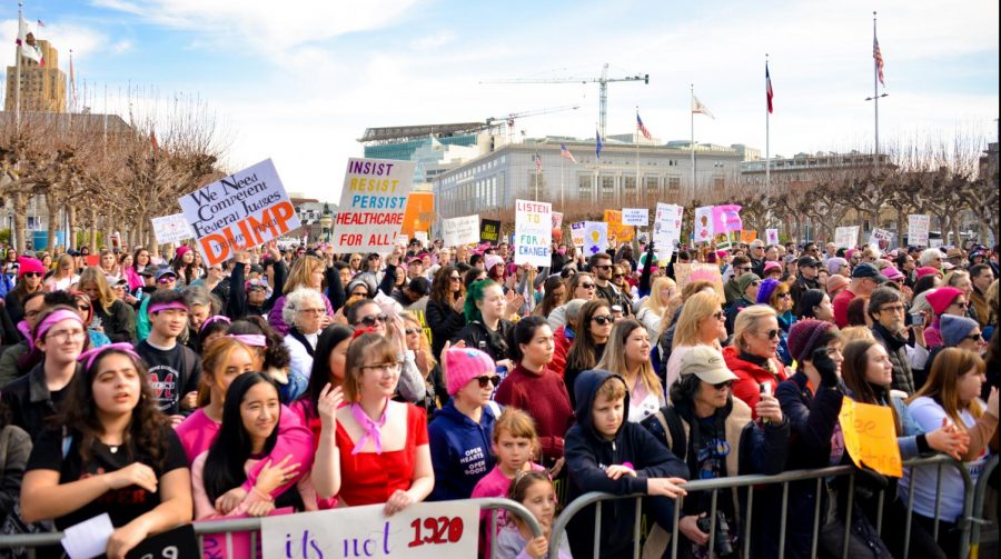 A crowd of 30,000 gathers for the fourth annual Womens March rally in San Francisco last Saturday. Later that afternoon, about 12,000 demonstrators marched down Market Street to the Embarcadero, according to estimates provided by the marchs press team.