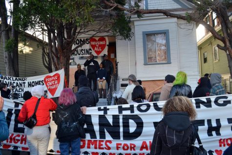 Supporters of Moms4Housing hold a rally outside of the disputed house on Jan. 14. The mothers reached an agreement with Wedgewood Properties, who agreed to sell the house to the Oakland Community Land Trust, a nonprofit that will rent the house to the mothers at an affordable price.
