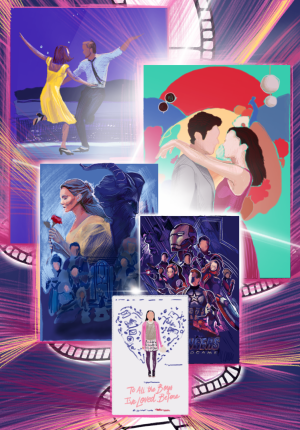 From top to bottom: Movie posters from the films La La Land, Crazy Rich Asians, Beauty and the Beast, Avengers: Endgame and To All the Boys Ive Loved Before.
