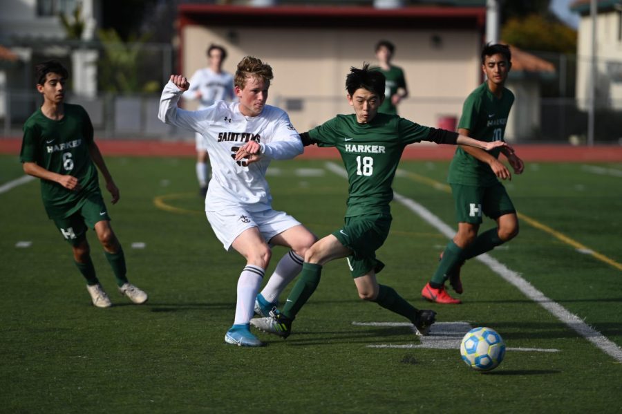 Brandon Lin (12) chases after the ball during the Eagles CCS finals win against the St. Francis Lancers last Saturday. With the boys scoring in the final minute of double overtime to tie their opponents at 1-1, the first-place matchup was decided by penalty kicks, which the Eagles won 3-1. 