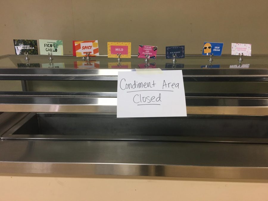 The condiment bar in Fresh Mex in the auxiliary gym was closed last Friday as kitchen staff worked to implement a reduction in self-served items in food service.