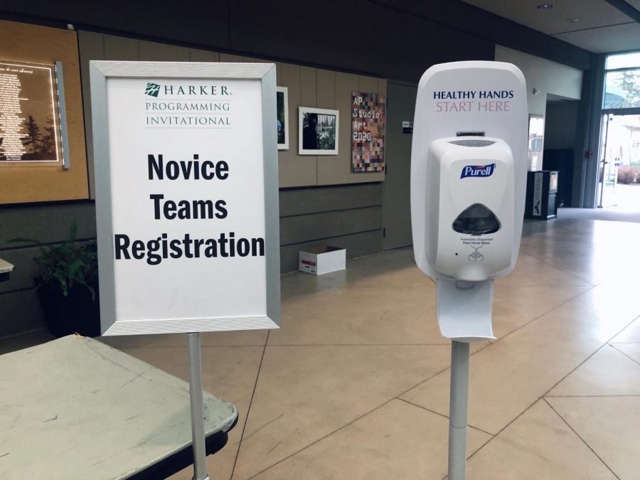 A hand sanitizer station stands at the registration table for the Harker Programming Invitational. Extra hygienic precautions were taken this year due to concerns over the coronavirus.